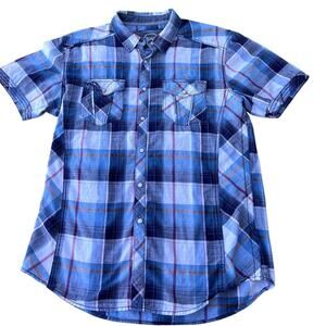 BKE snap down short sleeve plaid shirt, shades of blue, men's size L